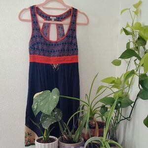 Ecote Navy and Coral Mini Boho Dress with Patterned Yoke